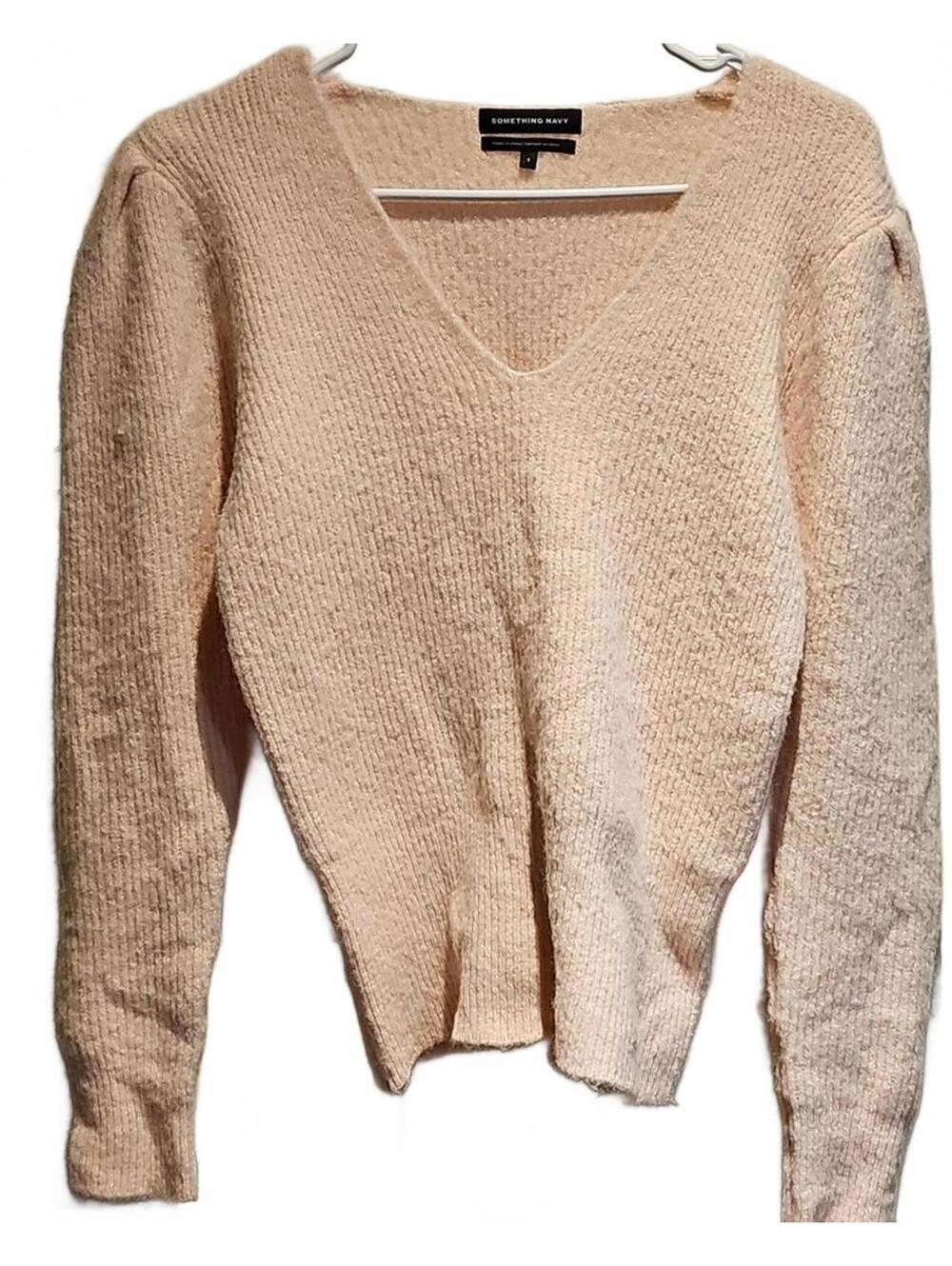 Something Navy Baby Pink sweater vneck puff sleeve Size S